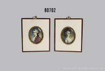 1 Paar Biedermeier Miniaturen, der junge Mozart und seine Frau Constanze Weber, Öl auf Bein, rechts unten signiert, im rechteckigen Rahmen mit ovalem ...