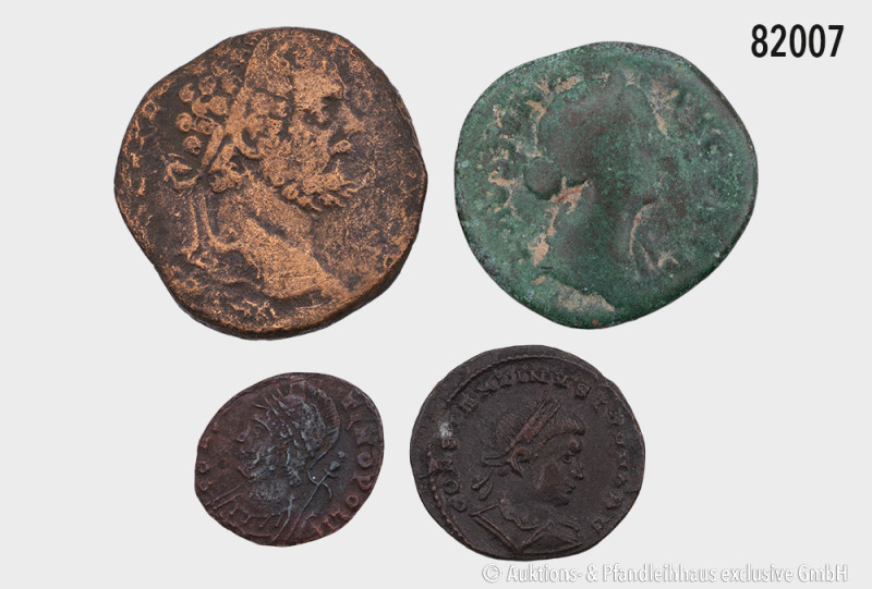 Konv. 4 römische Bronzemünzen, dabei Faustina, As, Rs. Salus, Septimius Severus,...