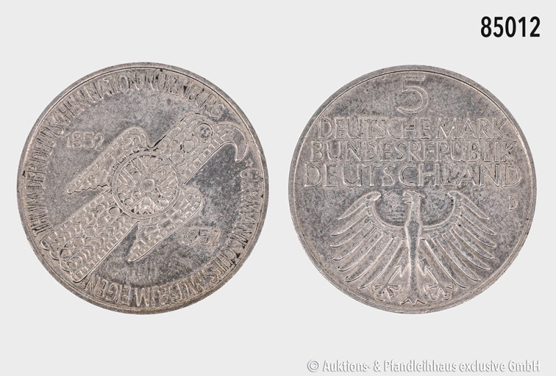 BRD, 5 DM 1952 D, Germanisches Museum, 625er Silber, 11,25 g, 29 mm, AKS 210, Ja...