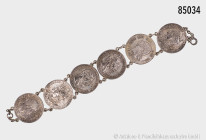 Münzschmuck, Armband mit 6 Silbermünzen, dabei Preußen, Friedrich 2 Mark 1888 (2 x), 2 Mark 1901 (200 Jahre Königreich Preußen, 2 x), Württemberg 2 Ma...