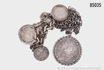 Konv. Münzschmuck, bestehend aus Armband, 925er Silber, 3 Münzen, Frankfurt am Main, 6 Kreuzer 1854, Kaiserreich 50 Pfennig 1876 C und 1/2 Mark 1918 F...