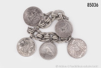 Münzschmuck, Armband, mit 5 gehenkelten Münzen, dabei Preußen Wilhelm II. 3 Mark 1912, 3 Mark 1913 Befreiungskriege, Weimarer Republik 3 RM 1929 Schwu...
