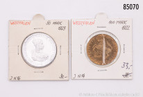 Konv. 11 Münzen, Provinz Westfalen, Notgeld, dabei 5 Millionen Mark, 50 Millionen Mark, 500 Mark, 2 Millionen Mark, gemischter Zustand, teilweise klei...