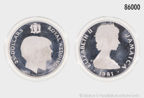 Jamaika, 25 Dollars 1981, Royal Wedding, 925er Silber, ca. 136 g, 63 mm, PP, berührt, in geöffneter Kapsel