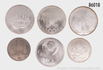 Russland/Sowjetunion, Konv. 8 x 10 Rubel 1977, 900er Silber, auf die Olympischen Spiele 1980 in Moskau, 12 x 5 Rubel 1977, 900er Silber, sowie weitere...