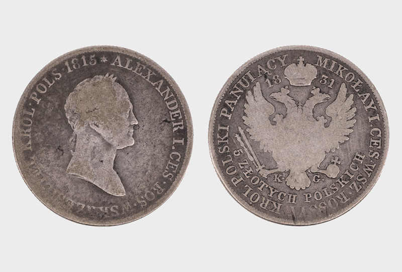 Polen, Nikolaus I. (1825-1855), 5 Zlotych 1831, 868er Silber, 14,99 g, 31 mm, sc...