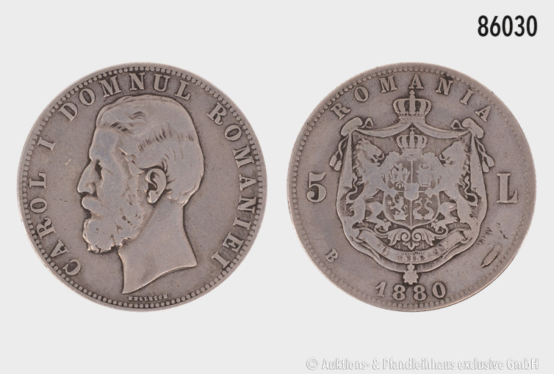 Rumänien, Karl I. (1866-1914), 5 Lei 1880, von Kullrich, 24,34 g, 36 mm, KM 12, ...