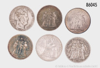 Frankreich, Konv. 6 Silbermünzen, dabei Hercules-Gruppe, gemischter Zustand, mit kleinen Fehlern, bitte besichtigen, Gesamtgewicht ca. 150 g