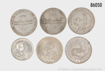 Südafrika, Konv. ca. 19 Silbermünzen, dabei 5 Schilling 1950er/1960er Jahre, 1 Rand 1967, etc., gemischter Zustand, bitte besichtigen, auf Foto nur ei...