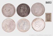 Konv. Japan 1 Bu, Silber, ca. 1853-1865, Rumänien 500 Lei 1941 (2 x) und 100000 Lei 1946, sowie Spanien 5 Pesetas 1871, 1894 und 1898, gemischter Zust...
