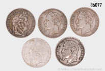 Frankreich, Konv. 5 Francs 1845, 1867, 1868, 1869 und 1870, Silber, gemischter Zustand, mit Fehlern, schön-sehr schön, bitte besichtigen