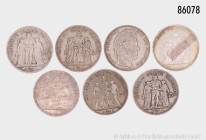 Frankreich, Konv. 5 Francs 1843, 1848, 1849, 1873 (3 x) und 1874, Silber, gemischter Zustand, mit Fehlern, schön-sehr schön, bitte besichtigen