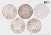 Frankreich, Konv. 50 Francs 1974, 1977 (2 x), 1978 und 1979, Hercules-Gruppe, Silber,