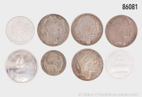 Frankreich, Konv. 4 x 20 Francs 1933/1938, 10 Francs 1934, 100 Francs 1982 und 100 Francs 1989 Albertville 1992, Silber, gemischter Zustand, teilweise...
