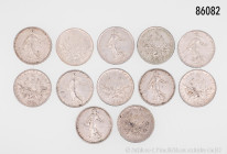 Frankreich, Konv. 12 x 5 Francs, Silber, gemischter Zustand, bitte besichtigen