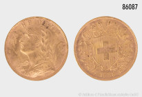 Schweiz, 20 Franken 1935 L - B, Vreneli, 900er Gold, 6,45 g, 21 mm, winzige Randfehler und Kratzer, gutes sehr schön-fast vorzüglich