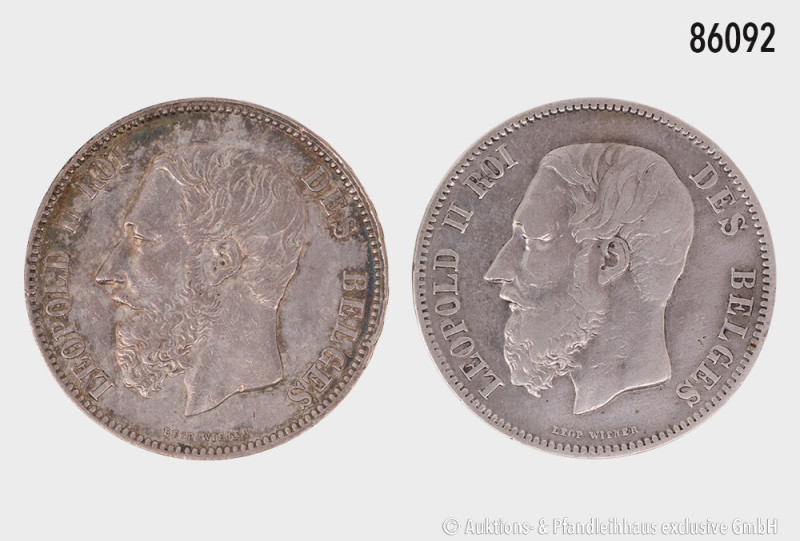 Konv. Belgien, 5 Francs 1869 und 1873, kleine Fehler, sehr schön