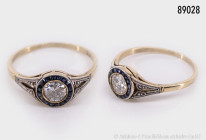 Ring, 18 Karat Gelbgold, ca. 1930er Jahre, Brillant 0,5 ct., leicht beschädigt, ca. 16 Saphiren in Weißgold gefasst, davon 3 beschädigt, ansonster gut...