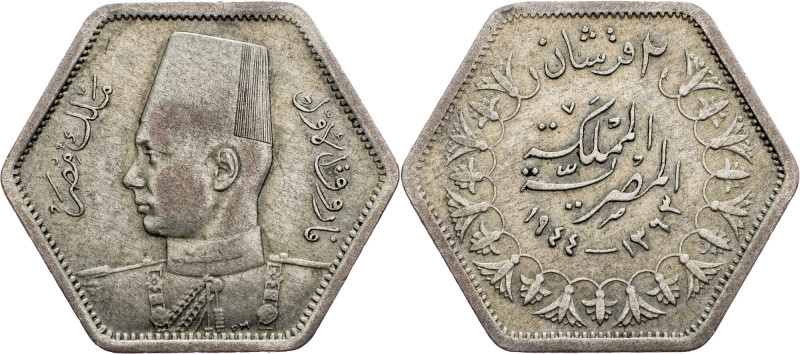 Egypt, 2 Qirsh 1944 Egypt, 2 Qirsh 1944, Ag, KM# 369; aVF

Grade: aVF