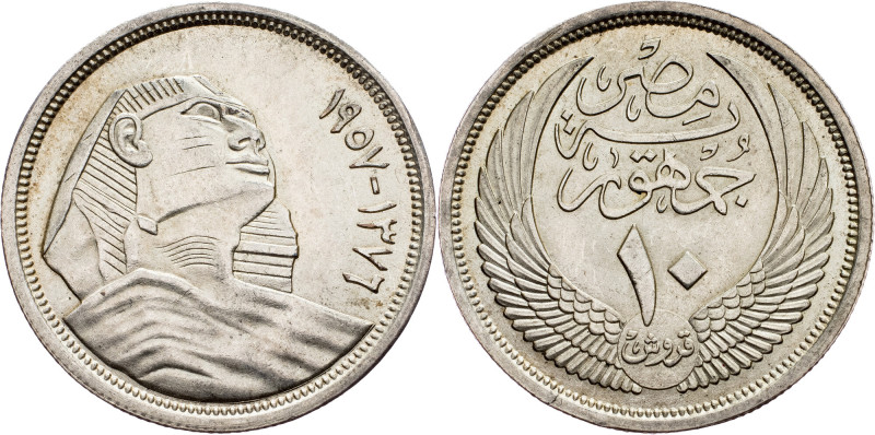 Egypt, 10 Qirsh 1957 Egypt, 10 Qirsh 1957, Ag, KM# 383a; EF+

Grade: EF+