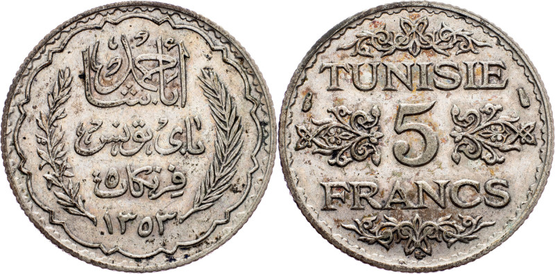 Tunisia, 5 Francs 1935 Tunisia, 5 Francs 1935, Ag, KM# 261|toned; VF+

Grade: ...