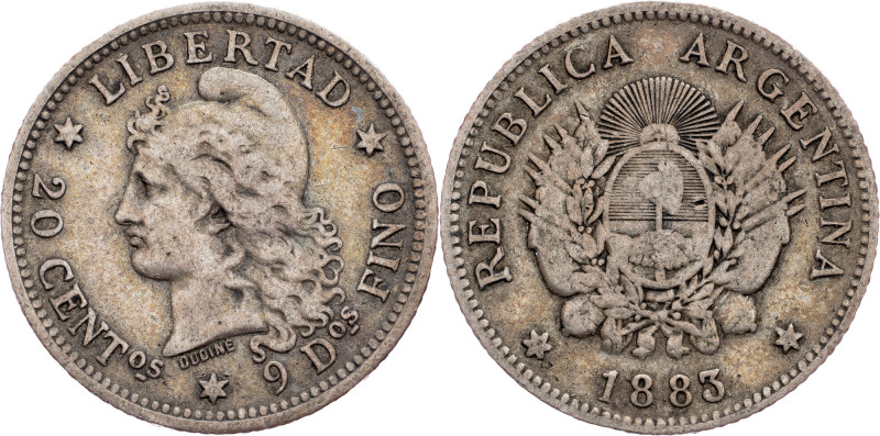 Argentina, 20 Centavos 1883 Argentina, 20 Centavos 1883, Ag, KM# 27|toned; VF
...