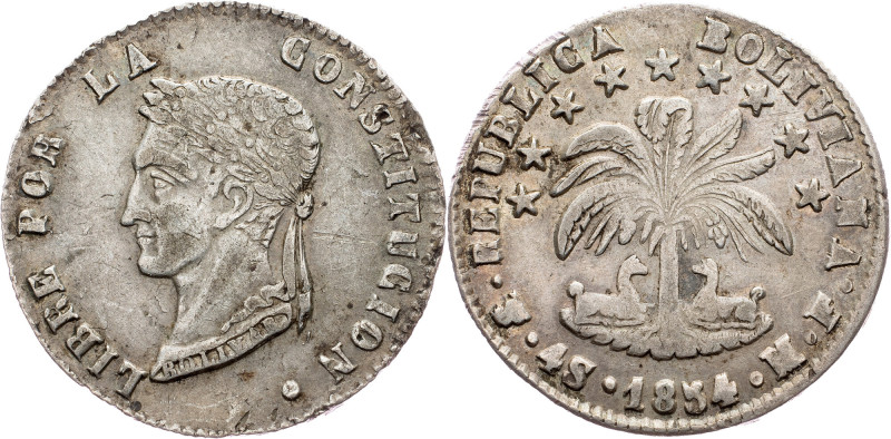 Bolivia, 4 Soles 1854, PTS MF Bolivia, 4 Soles 1854, PTS MF, Ag, KM# 123|toned; ...