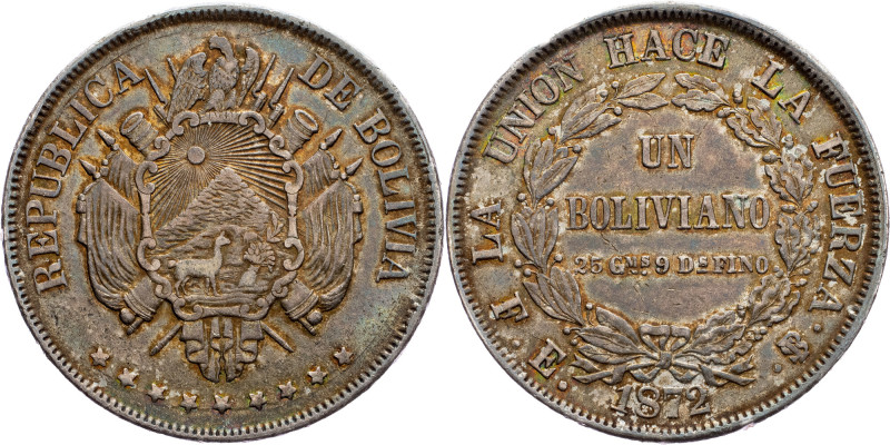 Bolivia, 1 Boliviano 1872 Bolivia, 1 Boliviano 1872, Ag, KM#160.1|Toned; aEF

...