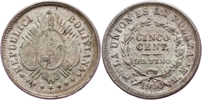 Bolivia, 5 Centavos 1900 Bolivia, 5 Centavos 1900, Ag, KM# 157.2|min. toned, rem...