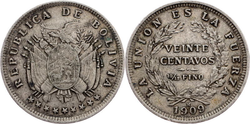 Bolivia, 20 Centavos 1909 Bolivia, 20 Centavos 1909, Ag, KM# 176|toned; VF

Gr...