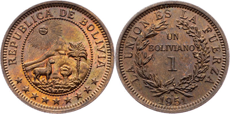 Bolivia, 1 Boliviano 1951, Heaton Bolivia, 1 Boliviano 1951, Heaton, KM# 184|rem...