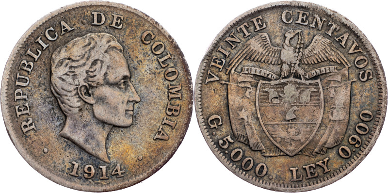 Colombia, 20 Centavos 1914 Colombia, 20 Centavos 1914, Ag, KM# 197|toned; VF

...