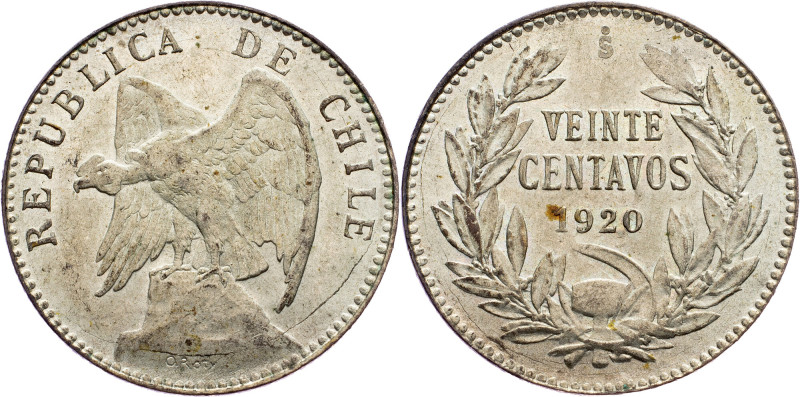 Chile, 20 Centavos 1920 Chile, 20 Centavos 1920, Ag, KM# 151.3|min. toned, remai...