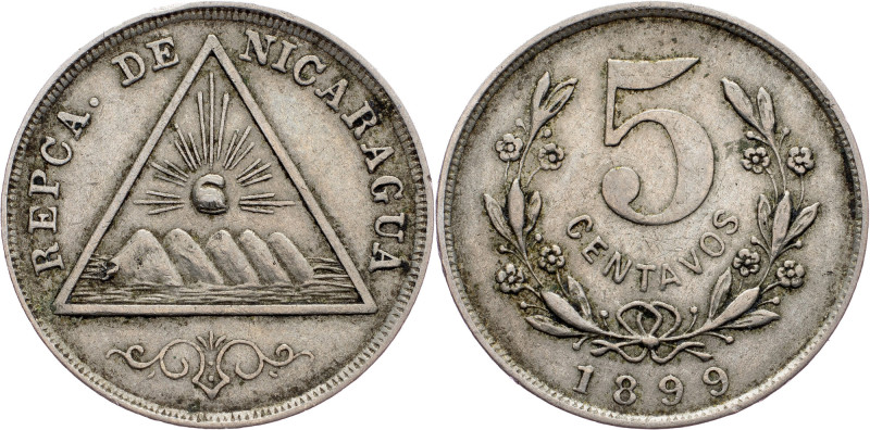 Nicaragua, 5 Centavos 1899 Nicaragua, 5 Centavos 1899, Ag, KM# 9|toned; VF

Gr...