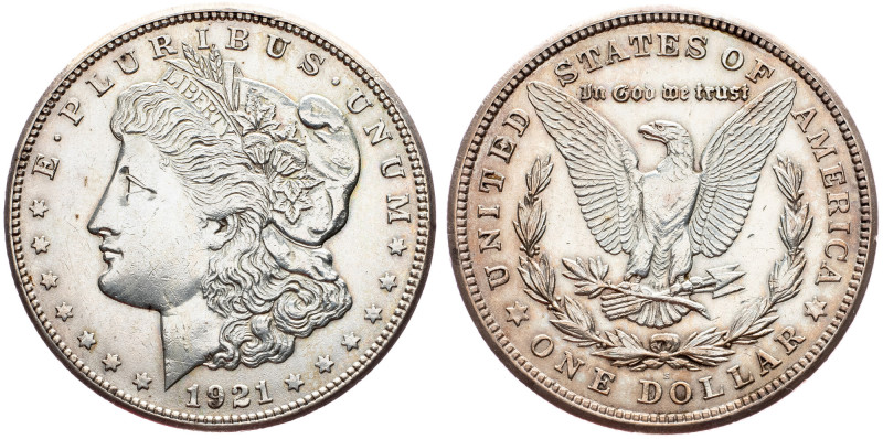 USA, Morgan Dollar 1921 USA, Morgan Dollar 1921, Ag, KM# 110|cleaned, toned; aEF...