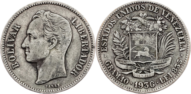 Venezuela, 2 Bolívares 1936 Venezuela, 2 Bolívares 1936, Ag, Y# 23; VF

Grade:...