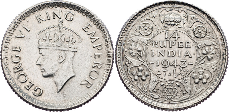 British India, 1/4 Rupee 1943 British India, 1/4 Rupee 1943, Ag, KM# 546; aUNC
...