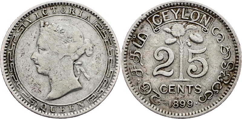 Ceylon, 25 Cents 1899 Ceylon, 25 Cents 1899, Ag, KM# 95; VF+

Grade: VF+