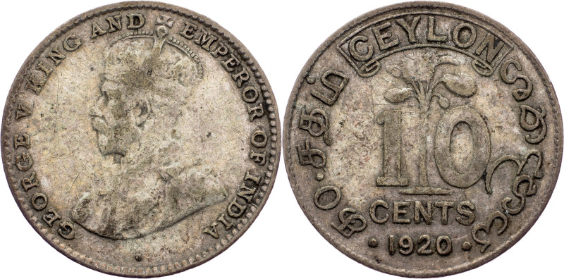 Ceylon, 10 Cents 1920 Ceylon, 10 Cents 1920, Ag, KM# 104a|toned; F

Grade: F