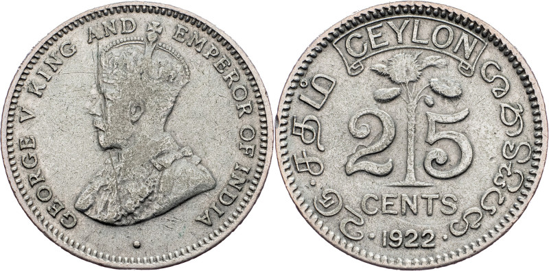 Ceylon, 25 Cents 1922 Ceylon, 25 Cents 1922, Ag, KM# 105a; VF

Grade: VF