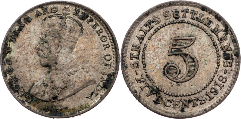 Straits Settlements, 5 Cents 1918 Straits Settlements, 5 Cents 1918, Ag, KM# 31|...