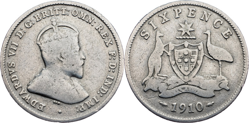 Australia, 6 Pence 1910 Australia, 6 Pence 1910, Ag, KM# 19; aVF

Grade: aVF