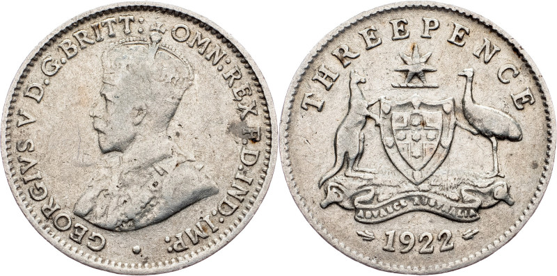 Australia, 3 Pence 1922 Australia, 3 Pence 1922, Ag, KM# 24; VF

Grade: VF