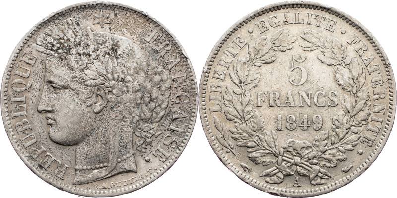France, 5 Francs 1849, Paris France, 5 Francs 1849, Paris, Ag, F. 327/1, KM#761....