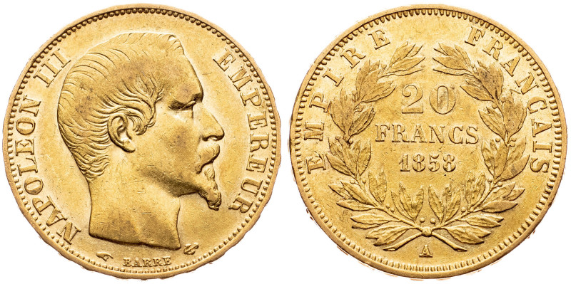France, 20 Francs 1858, Paris France, 20 Francs 1858, Paris, Au, KM# 781|toned; ...