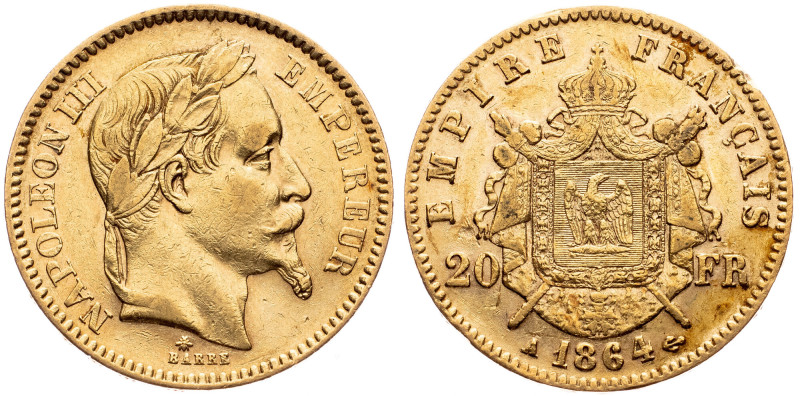 France, 20 Francs 1864, Paris France, 20 Francs 1864, Paris, Au, KM# 801|toned; ...