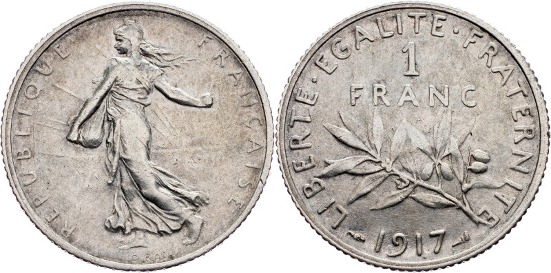 France, 1 Franc 1917, Paris France, 1 Franc 1917, Paris, Ag, KM# 844|toned; aEF...