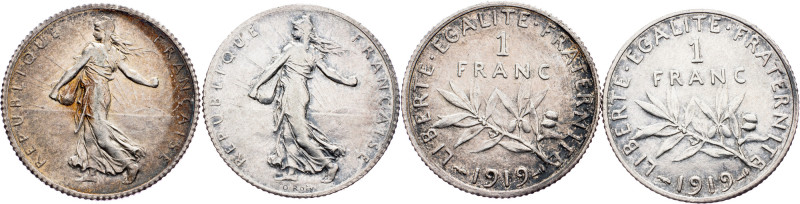 France, 1 Franc 1919, Paris France, 1 Franc 1919, Paris, Ag, KM# 844|lot of 2pcs...