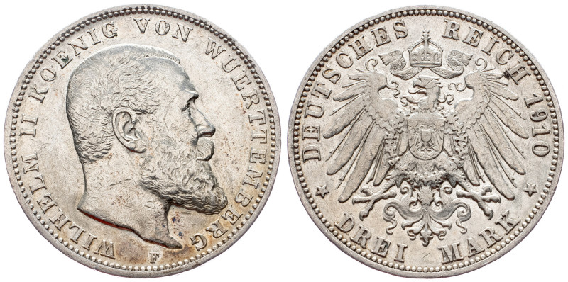 Württemberg, 3 Mark 1910, F Württemberg, 3 Mark 1910, F, Ag, KM# 635; VF+

Gra...