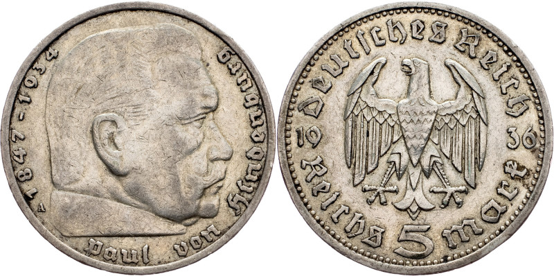 Germany, 5 mark 1936, A Germany, 5 mark 1936, A, Ag, KM# 86|toned; VF+

Grade:...